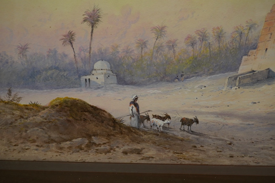 Frank Catano (Italian, 1880-1920), Orientalist watercolour, Figures before pyramids, signed, 32 x 58cm